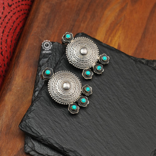 92.5 sterling silver handcrafted beauties with Turquoise highlights Great casual wear earrings, that are light weight and easy to wear all day long. 