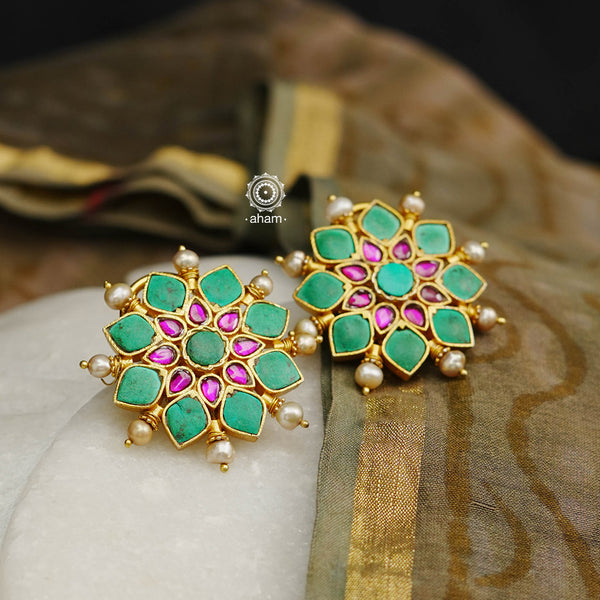 Such a delightful combination of turquoise and pink kundan stones with the perfect little pearls.  Beautiful crafted earrings in 92.5 silver silver with gold polish. 