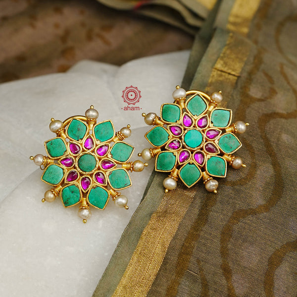 Such a delightful combination of turquoise and pink kundan stones with the perfect little pearls.  Beautiful crafted earrings in 92.5 silver silver with gold polish. 