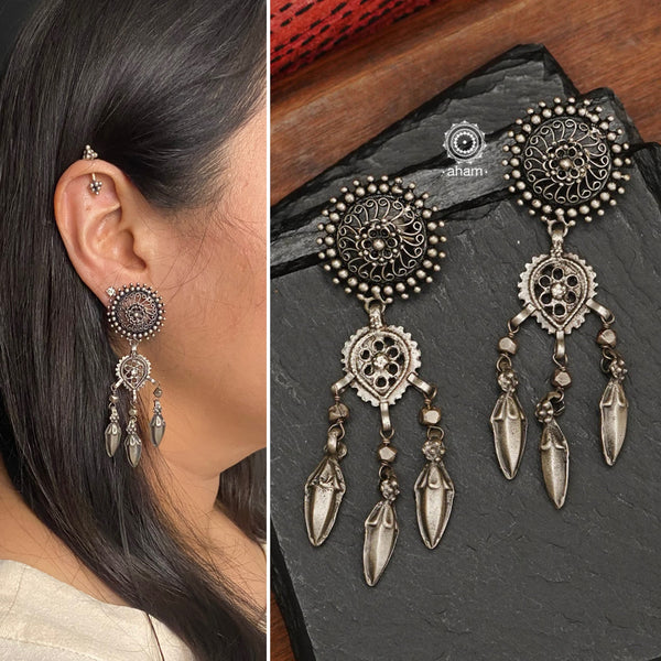Tribal silver earrings. Created with traditional artistry and craftsmanship. An ode to the glorious state of Rajasthan. Pair these with your ethnic outfit for a classic look.