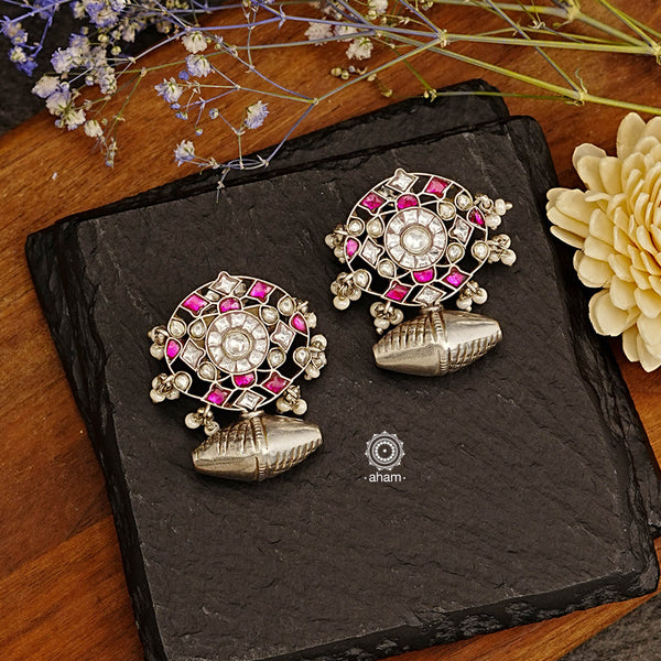 Ira drop earrings with elegant kundan work. Handcrafted in 92.5 sterling silver.  Can be paired with both ethnic and western outfits. 