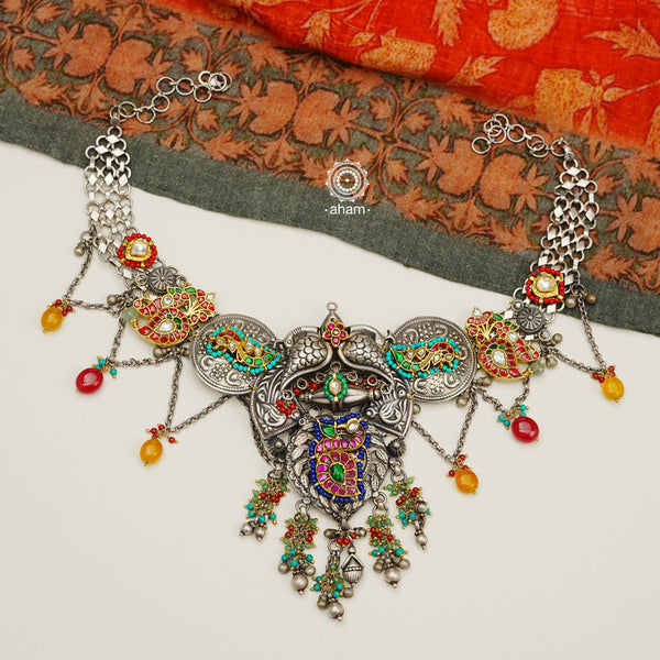 One of a kind statement wearable art pieces. An eclectic mix of elements, with a play of colours, textures, forms and workmanship. Crafted in Silver with two tones that makes this neckpiece so versatile and unique. Modern Heirloom pieces that can be worn across generations. 