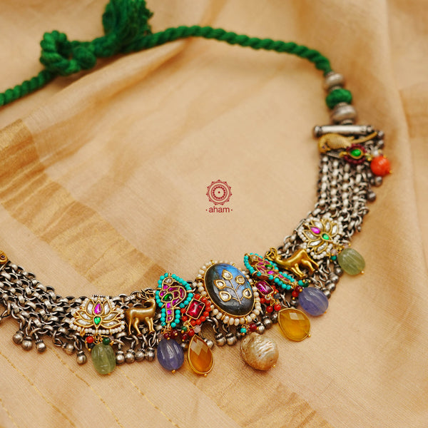One of a kind statement wearable art pieces. An eclectic mix of elements, with a play of colours, textures, forms and workmanship. Crafted in Silver with two tones that makes this neckpiece so versatile and unique. Modern Heirloom pieces that can be worn across generations.