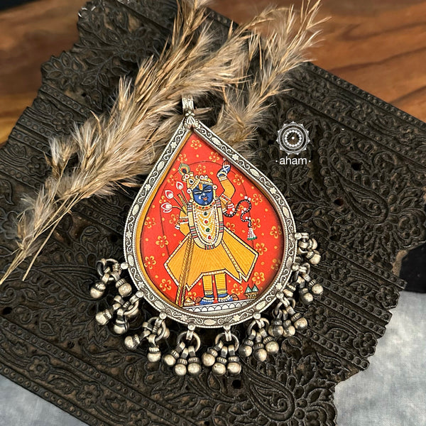 Handpainted silver Shrinathji Krishna pendant. Intricate miniature painting work done by skilful artisans to create these beautiful wearable art pieces.  (Does not include chain)