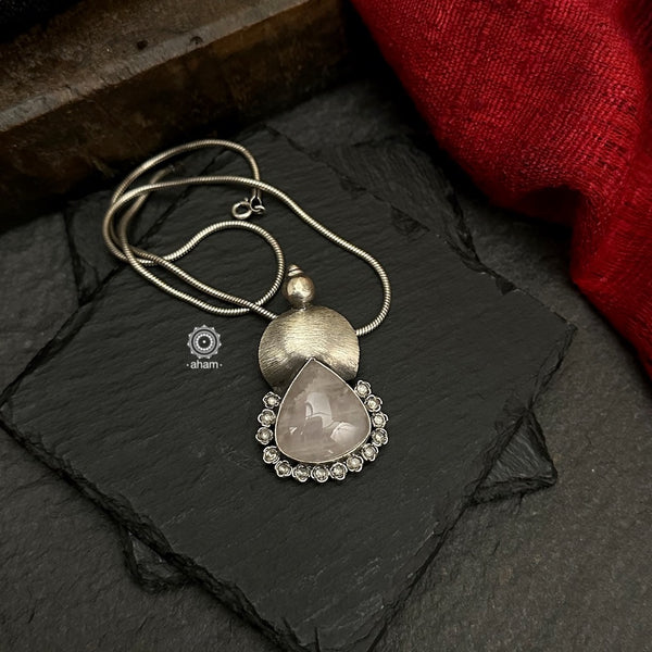 Handmade rose tine stone set in a silver pendant. Wear it long or short with a chain of your choice, or a smart silver Hasli. A piece so timeless that it can we worn across generations. Please note, each piece created in this series is unique and one of a kind. (Does not include chain)