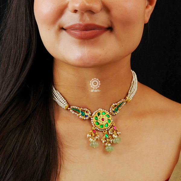 Beautiful handcrafted gold polish sterling silver choker with Moghul Inspired semi precious gem setting, kundan and pearl work. Delicate handwork, perfect for festivities 