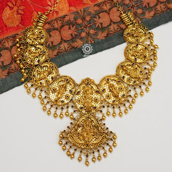 This statement piece is a fine example of the exemplary craftsmanship and detailing of the karigars and the heritage of our country. The dashavatar statement neckpiece crafted in 92.5 silver and dipped in gold. Wear it with your kanjivaram or banarasi silk sari and you are bound to make heads turn.   
