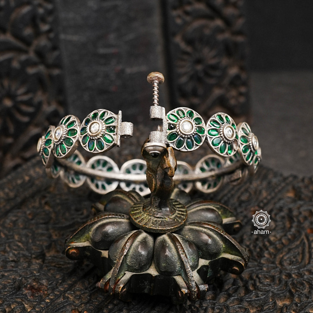 Green Flower Silver Kada Size 2.6 Openable aham jewellery
