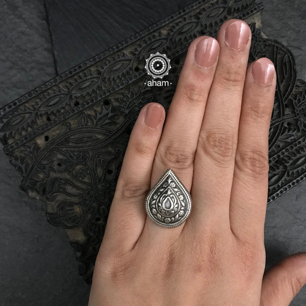 Handcrafted Mewad adjustable drop ring in 92.5 sterling silver.