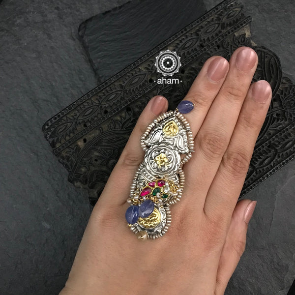 One of a kind statement Noori two tone parrot ring. Beautiful adjustable ring crafted in 92.5 sterling silver with floral motif, gold polish, semi precious stones converted into beads and cultured pearls.