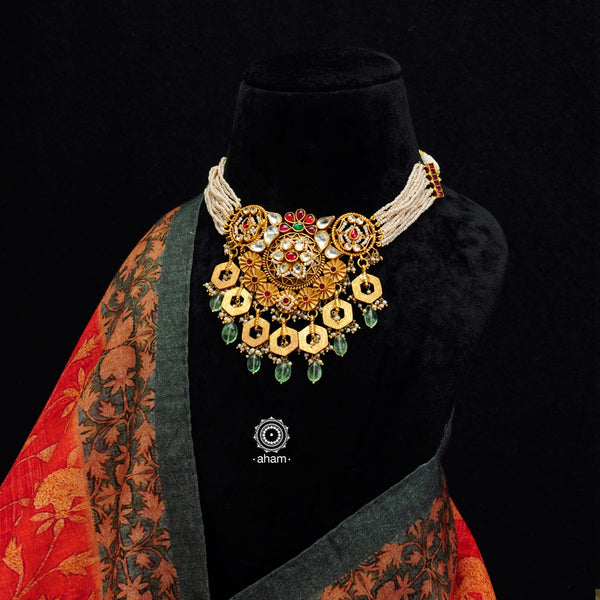 Traditional Jewellery perfect for family weddings.  Beautiful antique finish neckpiece set intricately embedded in the  lustre of precious coloured stones and pearls. A stunning addition to your wedding look. The beautiful workmanship is something that can be cherished and passed on for generations to come. 