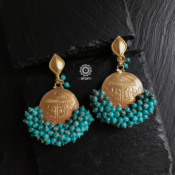 Silver Earrings with Gold Polish and amalgamated turquoise beads. These festive earrings are a showstopper. 
