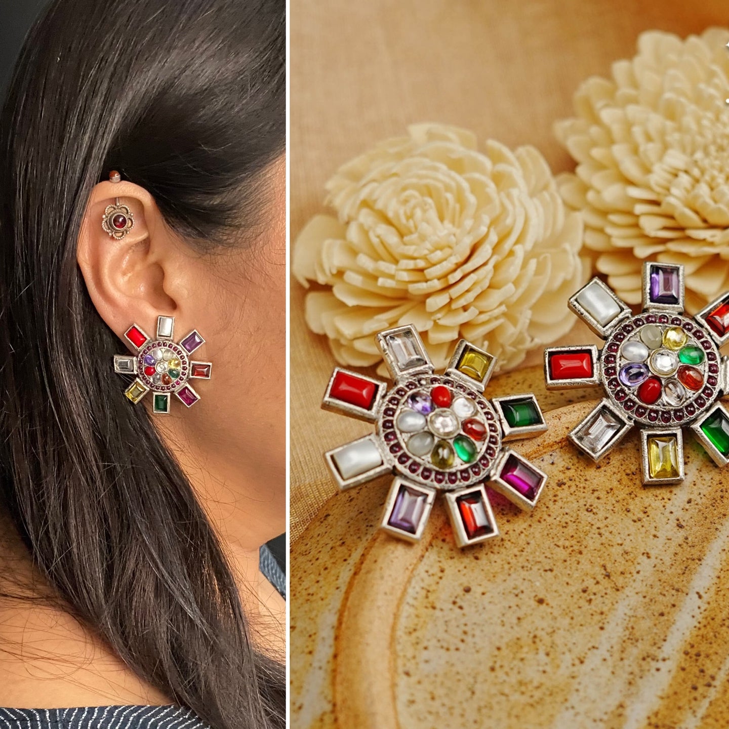 Stunning and gorgeous, an impeccably handcrafted pair of navratna ear studs in 92.5 Sterling Silver. 