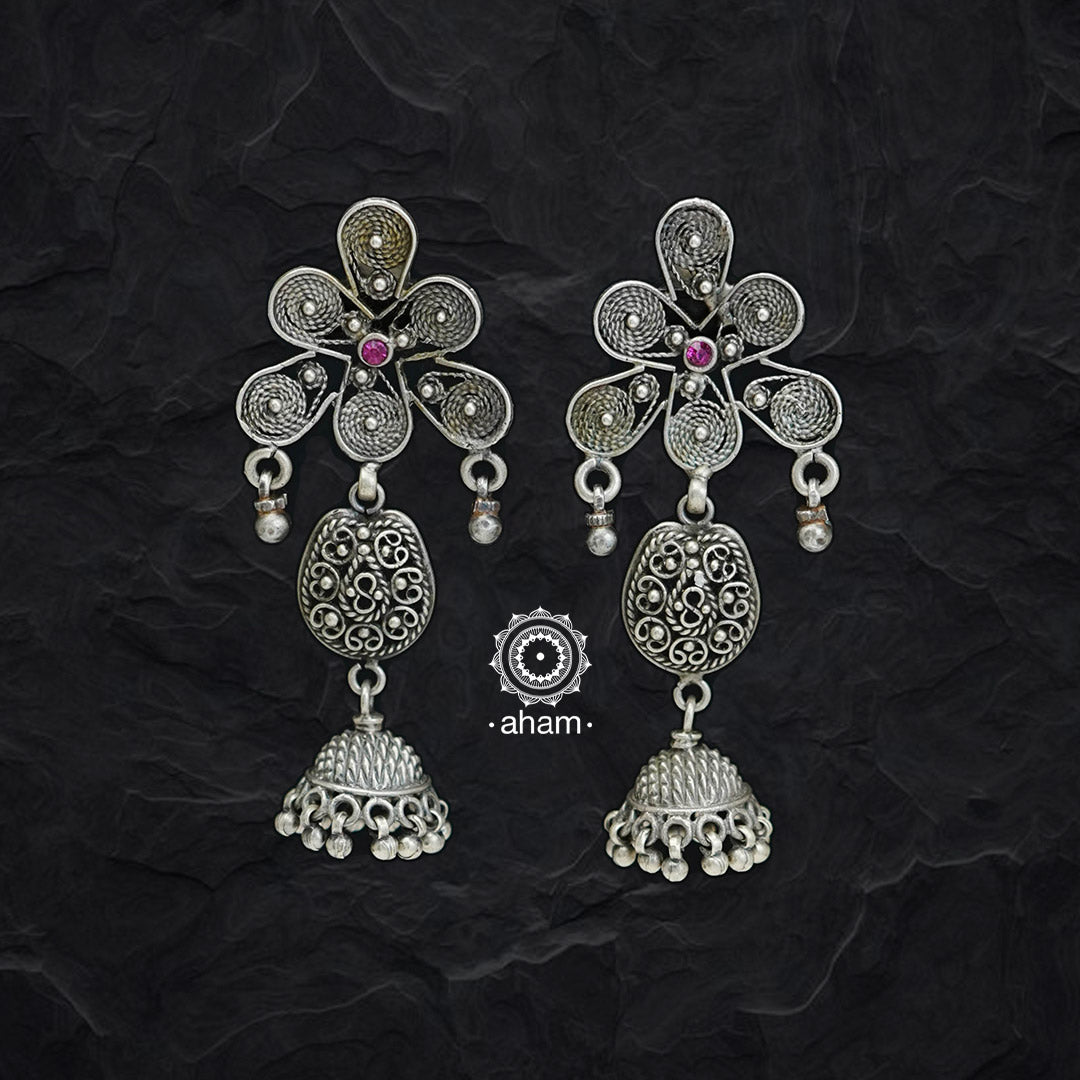  Unique Silver earring with Coil work studs and Ghungroos 