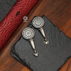 Workwear silver earrings handcrafted in 92.5 sterling silver. An ode to the glorious state of Rajasthan. 