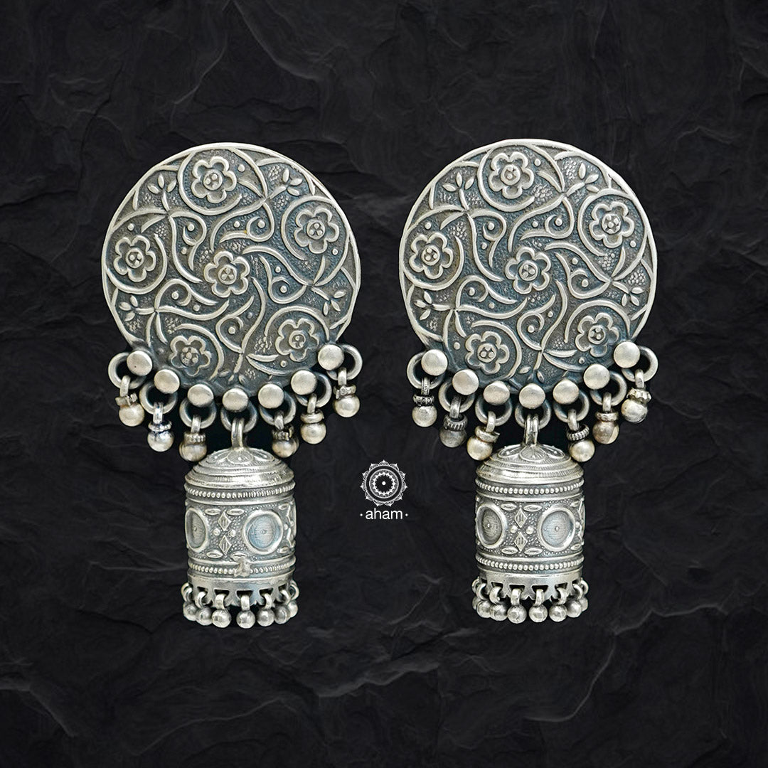 Mewad flower jhumkie earrings handcrafted in 92.5 sterling silver. An ode to the glorious state of Rajasthan. Lightweight earrings that look great with your ethnic outfits.