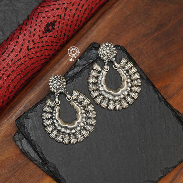 Mewad chandbali earrings handcrafted in silver. An ode to the glorious state of  Rajasthan. Light weight and easy to wear, design that is classic and timeless. 