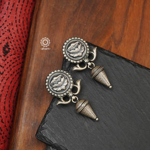 Mewad flower drop earrings with intricate floral work. Perfect work wear earrings, handcrafted in 92.5 sterling silver. An ode to the glorious state of Rajasthan. 