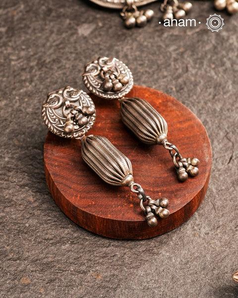 Mewad silver earrings handcrafted in 92.5 sterling silver with floral work. An ode to the glorious state of Rajasthan. Light weight, great as everyday and ethnic wear.