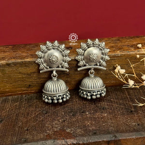 Mewad flower jhumkie earrings handcrafted in 92.5 sterling silver.&nbsp;An ode to the glorious state of Rajasthan. Lightweight earrings that look great with your ethnic outfits