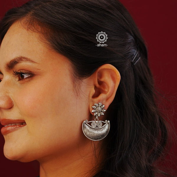 Mewad silver earrings handcrafted in 92.5 sterling silver with floral work. An ode to the glorious state of  Rajasthan. Light weight, great as everyday and ethnic wear. 