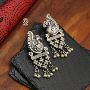 Mewad peacock silver earrings handcrafted in 92.5 sterling silver with floral work. An ode to the glorious state of  Rajasthan. Light weight, great as everyday and ethnic wear. 