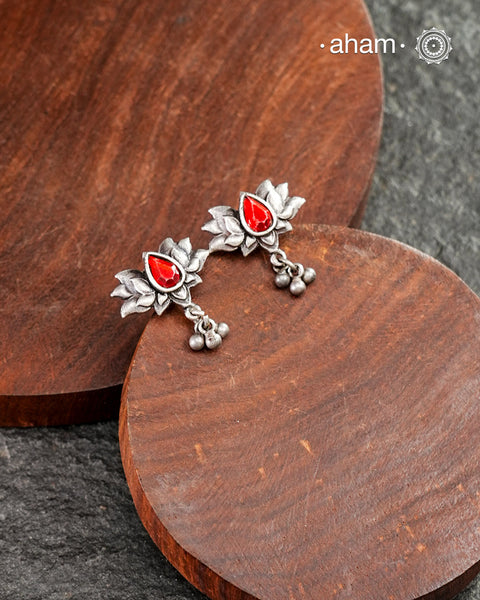Mewad Lotus Silver Earrings with handcrafted in silver with a red center glass stone. An ode to the glorious state of Rajasthan. Great for everyday wear