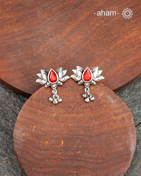 Mewad Lotus Silver Earrings with handcrafted in silver with a red center glass stone. An ode to the glorious state of Rajasthan. Great for everyday wear