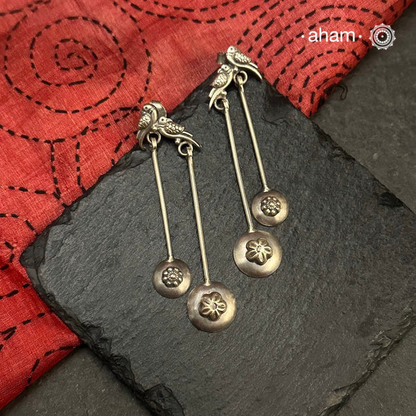 Mewad Parrot Silver Earrrings handcrafted in 92.5 sterling silver. An ode to the glorious state of Rajasthan. Lightweight earrings that look great with your ethnic outfits.