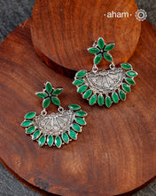 92.5 Sterling Silver Earrings with green coloured stones. The grid image depicts the other colours in this design and model image for size reference.