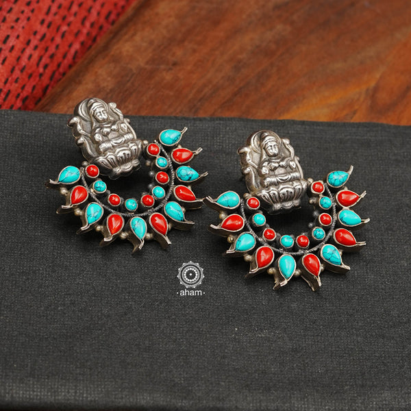92.5 Sterling Silver earrings with lakshmi motif and coral and turquoise coloured stones