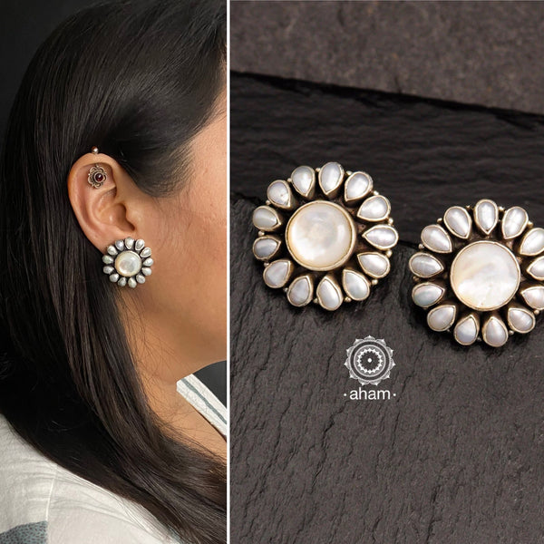 Summer love pearl studs, handcrafted 92.5 sterling silver. Perfect everyday wear flower earrings