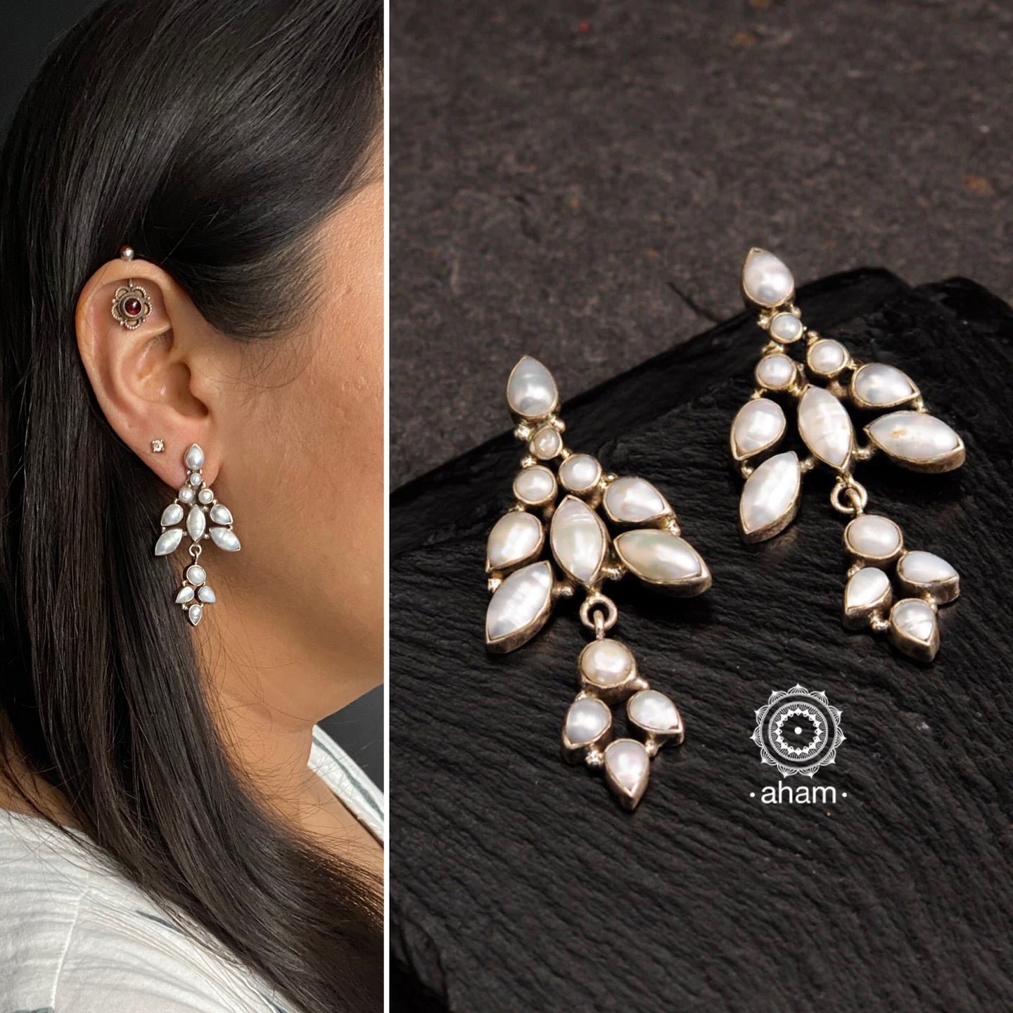 Everyday wear handcrafted 92.5 silver earrings with pearls.