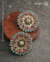 Everyday wear Summer Love flower studs, Handcrafted in 92.5 silver with coloured stone highlights.