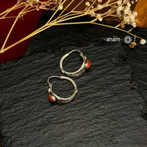 Summer Love mini hoops. Beautiful earrings handcrafted in 92.5 sterling silver with Carnelian coloured stone. Looks great with both ethnic and western outfits.