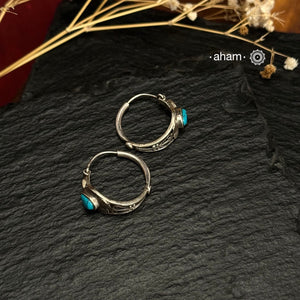 Summer Love mini hoops. Beautiful earrings handcrafted in 92.5 sterling silver with Turquoise coloured stone. Looks great with both ethnic and western outfits.