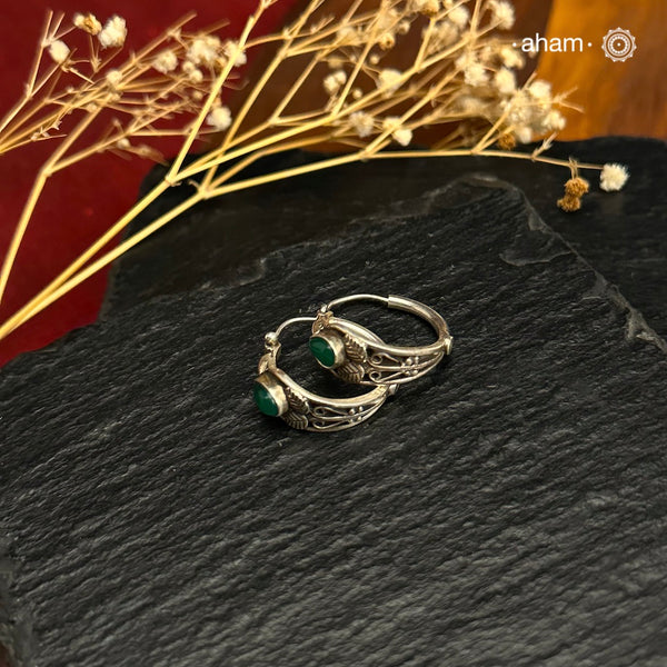 Summer Love mini hoops. Beautiful earrings handcrafted in 92.5 sterling silver with Green coloured stone. Looks great with both ethnic and western outfits