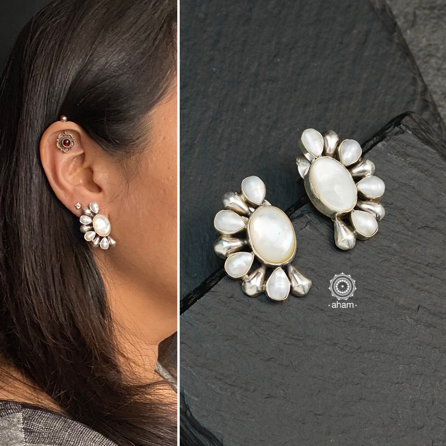 Everyday wear handcrafted 92.5 silver earrings with pearls.
