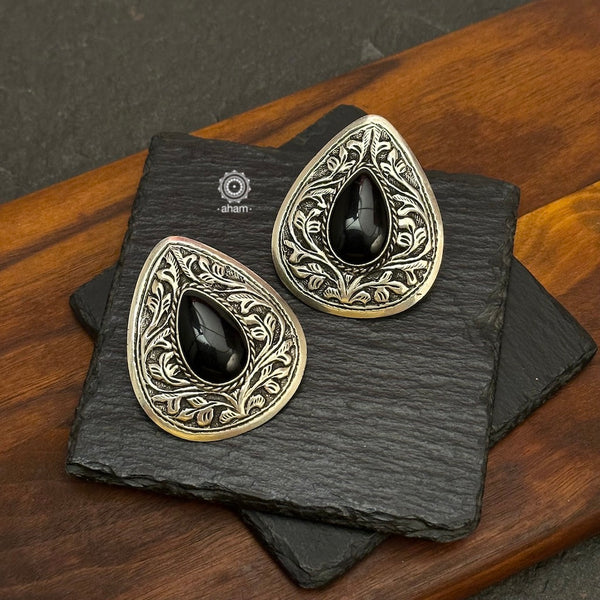 Statement large Chitai work earrings with black Onyx center. Perfect to wear to parties. 