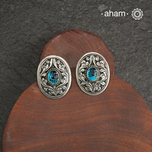 Everyday wear Summer Love silver earrings with beautiful chitai work and a vibrant blue stone in the center. Handcrafted in 92.5 sterling silver.