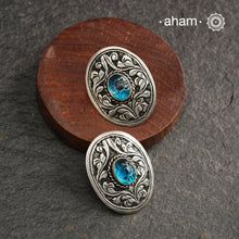 Everyday wear Summer Love silver earrings with beautiful chitai work and a vibrant blue stone in the center. Handcrafted in 92.5 sterling silver.