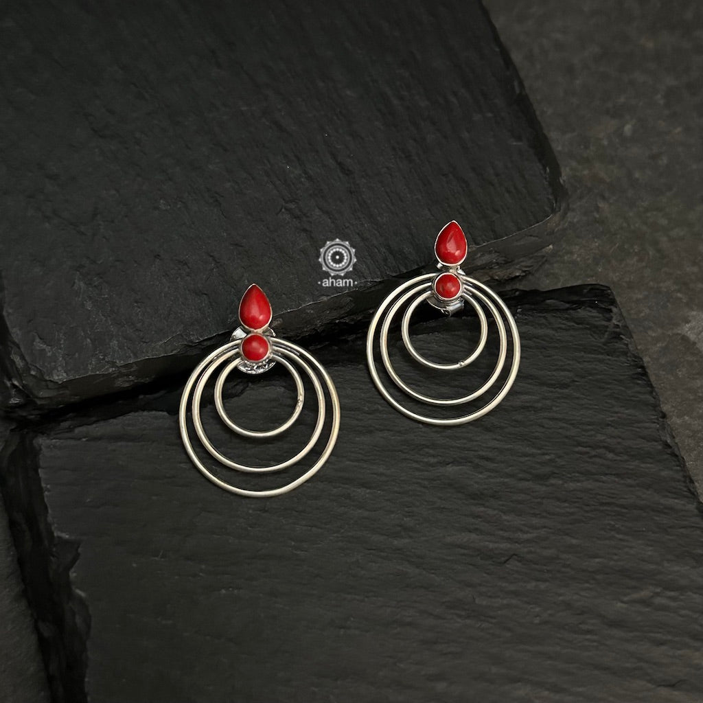 Everyday wear Summer Love silver earrings. Handcrafted in sterling silver with Coral coloured stone highlights.