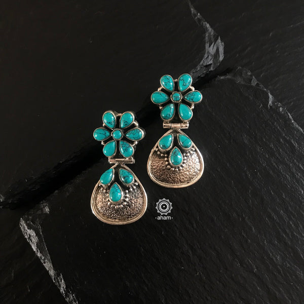 Beautiful 92.5 silver earrings with a turquoise stone flowers.  Aham's Summer Love collection is all about being Fun, light-weight and colourful.