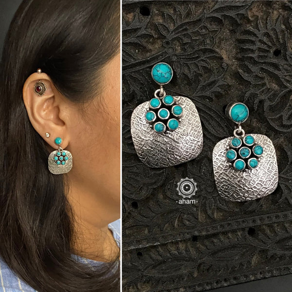 Beautiful 92.5 silver earrings with a turquoise stone highlights. Aham's Summer Love collection is all about being Fun, colourful at the same time they are very lightweight. Great for everyday wear.