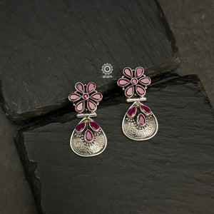 Beautiful 92.5 silver earrings with a maroon stone flowers.  Aham's Summer Love collection is all about being Fun, light-weight and colourful.