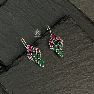 Beautiful 92.5 silver hook earrings with green & maroon stones. Aham's Summer Love collection is light-weight, colourful and fun to wear.