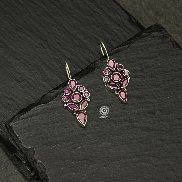 Beautiful 92.5 silver hook earrings with Maroon stones. Aham's Summer Love collection is light-weight, colourful and fun to wear.  