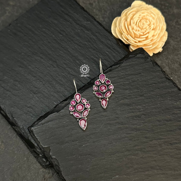 Beautiful 92.5 silver hook earrings with Maroon stones. Aham's Summer Love collection is light-weight, colourful and fun to wear.  