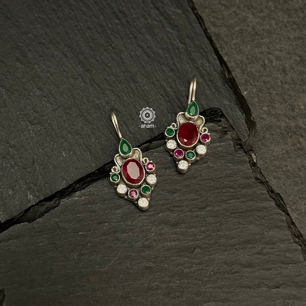 Beautiful 92.5 silver hook earrings with Maroon & Green stones. Aham's Summer Love collection is light-weight, colourful and fun to wear.