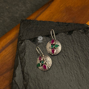 92.5 Sterling Silver Earrings with Maroon &amp; Green coloured stones.
light weight and easy to wear.